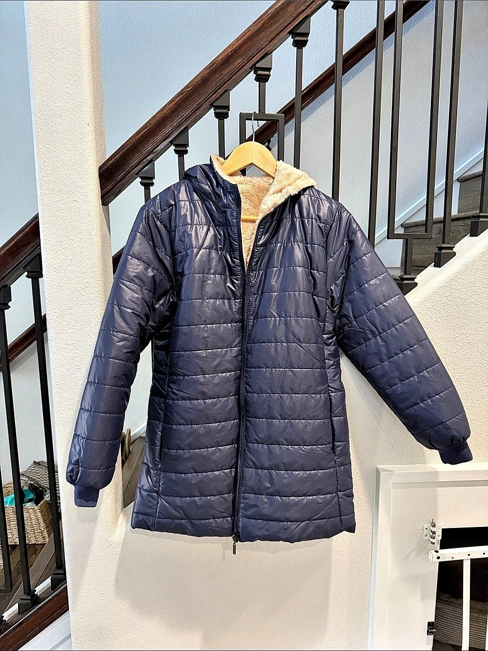 Women's Hooded Sherpa-Lined Puffer Coat in Blue